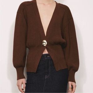 Urban Revivo Elegant Brown Cardigan with Gold Accent button